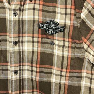 Harley Davidson Motorcycle Checked Orange Brown Button Down Shirt Sz Medium